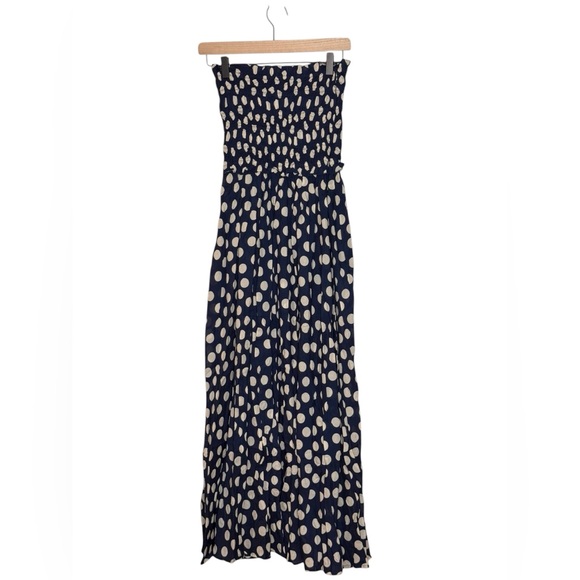 J. Crew Strapless Navy & White Smocked Polka Dot Cotton Maxi Dress NWT XS - Picture 4 of 10